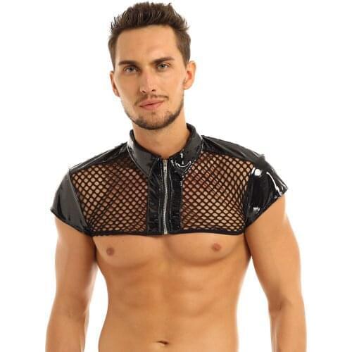 Mens Mesh Fishnet See Through Patent Leather Splice Harness Muscle Bondage Hot Sexy Men Clubwear Costume Crop Tank Top