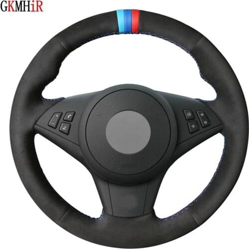 Soft Black Suede DIY Hand-stitched Car Steering Wheel Cover For BMW M5 E60 E61 (Touring) 2005-2010 M6 E63 (Coupe) E64 2005-2010