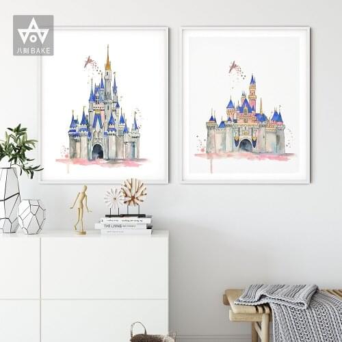 Castle Watercolors Art Princess Nursery Wall Art Print Cartoon Castle Canvas Painting Kids Room Decor Childrens Decoration