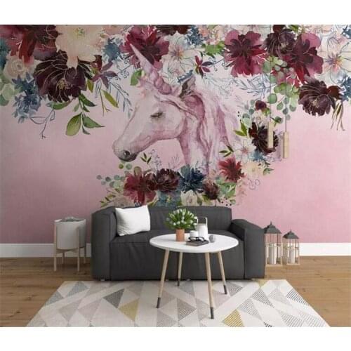 New fashion personality silk cloth 3d wallpaper Nordic simplicity unicorn floral background wall painting papier peint