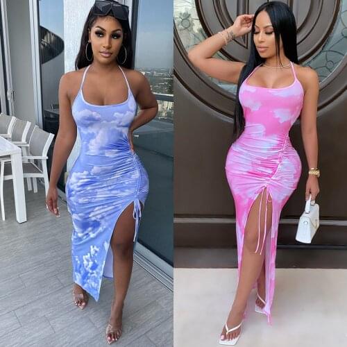 New 2021 Tie Dye Drawstring Side Slit Women Maxi Dresses Strap Sleeveless Party Club Fashion Slim Backelss Bodycon Halter Dress