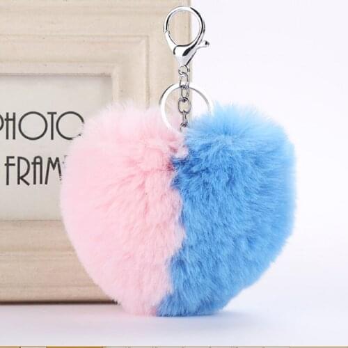 New Lovely Heart Shape Rabbit Fur Ball Golden Keychain with Two Colors together Handbag PomPom Charm Key Ring WZ5539