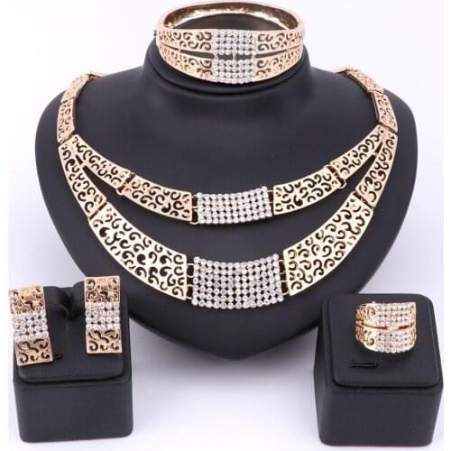 New Arrival African Costume Gold Color Jewelry Sets Women Wedding Bridal Crystal Necklace Earrings Ring Dubai Jewelry Set