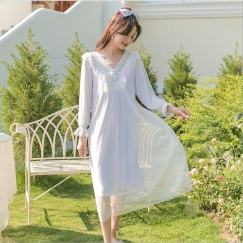 Princess Autumn Vintage Long Sleeves Gauze Nightgowns Sweet Lace V-Neck Ins Night Dress Women Calf-Length Modal Sleepwear Dress