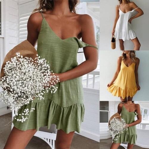 Sexy Women Dress Solid Color Sleeveless Deep V Neck Ruffle Hem Loose Mini Dress Summer Ladies Strap Party Dresses платье летнее