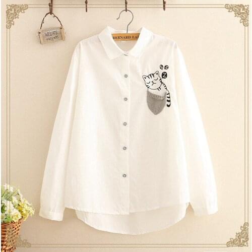 Cute Kawaii Knit Pocket Embroidery Cat Shirt Blouses Women Tops Pretty Girls White Tops Irregular Camisas Mujer Striped Plaid