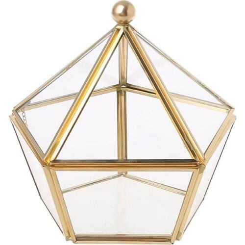 Vintage Decorative Jewelry Chest Geometric Terrarium Window Box Storage Display Case Pentagon Shape Clear Glass and Brass Tone