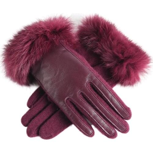 Adult Genuine Leather Gloves Female Warm Winter Wool Gloves With Real Rex Rabbit Fur Sheepskin Gloves