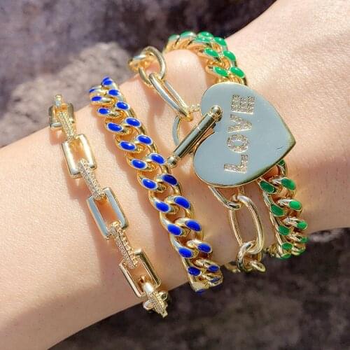 2021 Couple Jewelry Hip-hop Punk Cuban Chain Bracelet Female Ins Net Red Classic Simple Dripping Oil Charms Gold Unisex Bracelet