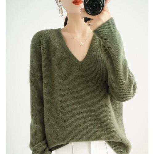 2020 autumn winter womens sweater 100% wool knitted bottoming shirt V-neck loose thick solid color cashmere sweater pullover