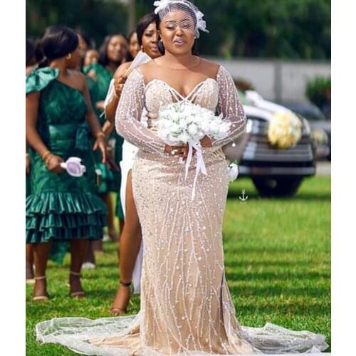 Plus Size Arabic Champagne Sparkly Mermaid Wedding Gowns Beaded Sequined Sheer Neck Sexy Bridal Dresses 2021