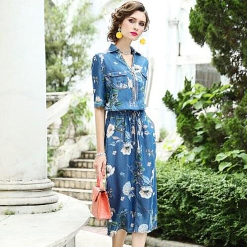Cowboy dress 2021 women spring and summer style celebrities show thin slim fit medium length turn-down collar print skirt v-neck