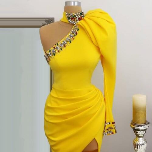 Gold Crystal Mermaid Evening Dresses One Shoulder Beaded Prom Dress High Collar Formal Dress Vestidos Formales 2021