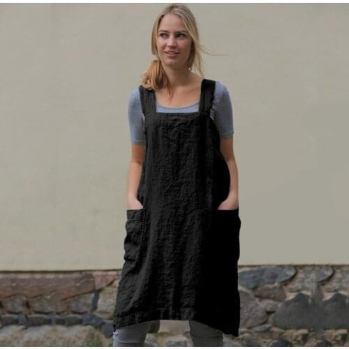 Women Spring Cotton Linen Back High Split Oil-proof Chef Work Apron Loose Daily Leisure Dress Pocket Homewear