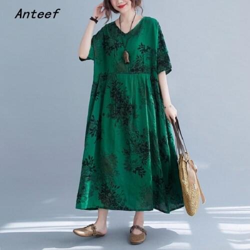 Short sleeve cotton vintage floral dresses for women casual loose long woman summer dress elegant clothes 2021