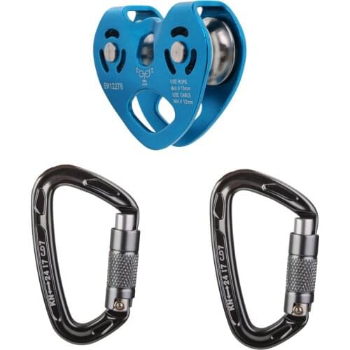 30KN Zip Line Cable Wire Rope Trolley Fast Speed Double Pulley + 2 Pcs D-Ring Carabiners Keychain Rock Climbing Snap Hook