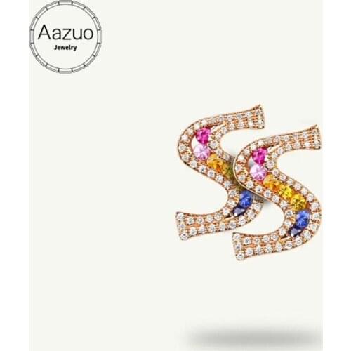 Aazuo 18K Jewelry Rose Gold Natural Coloured Gemstone Real Diamond Initial Lucky 26 Letters Stud Earring gifted for Women Trendy