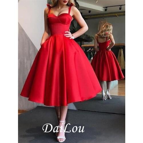 A-Line Sleeveless Pockets Bowtie Straps Tea-Length Satin Prom Dress 2021