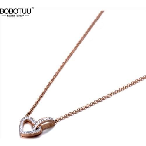 BOBOTUU Trendy Rose Gold Titanium Stainless Steel Heart Choker Necklaces Romantic Rhinestone Pendant Necklace For Women BN20015