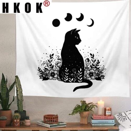 HKOK Moon Phase Cat Floral Tapestry Wall Hanging Covering Rugs Background Cloth Beach Mat Blanket Art Bedroom Dorm Home Decor