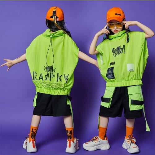 Children Hip Hop Costumes Modern Dance Clothes For Girls Fluorescent Green Tops Hip Hop Shorts Outfits Boys Street Wear BL5818