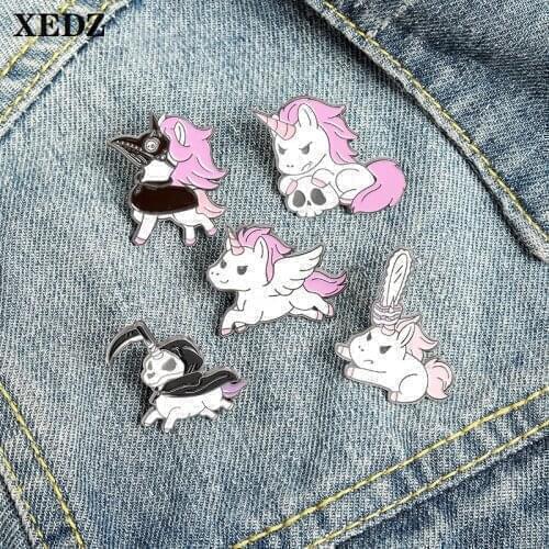 XEDZ Fashion Unicorn Enamel Pin Mask War Horse Angel Skull Chainsaw Evil Sickle Purple Badge Lapel Brooch Cartoon Animal Jewelry