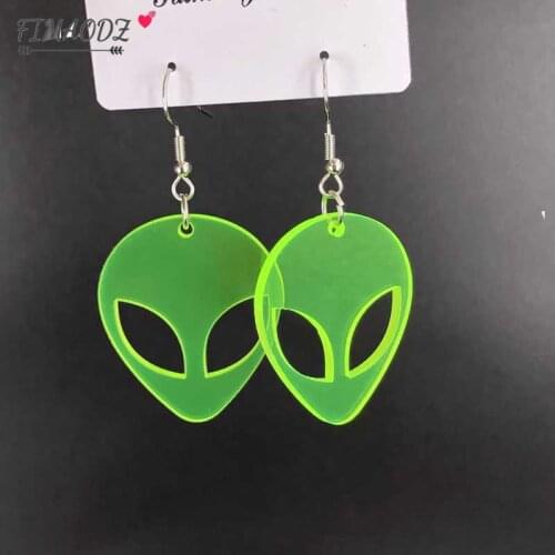 FIMAODZ New Green Alien Acrylic Earrings for Women UFO Transparent Fluorescent Baby Alien Dangle Earrings Party Jewelry