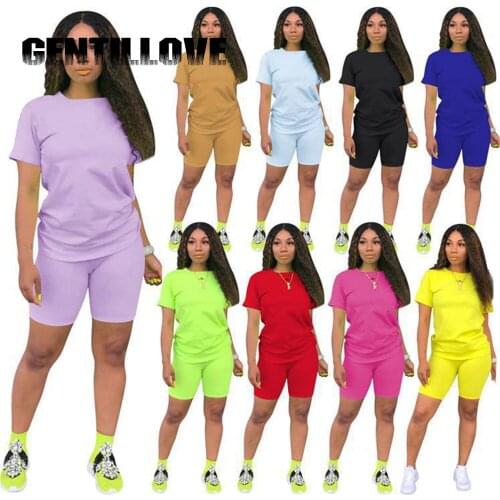 Gentillove Multi-Color Solid Two Piece Sets Short Sleeve T Shirt and Biker Shorts Matching Sets Casual Basic Slim Tracksuits