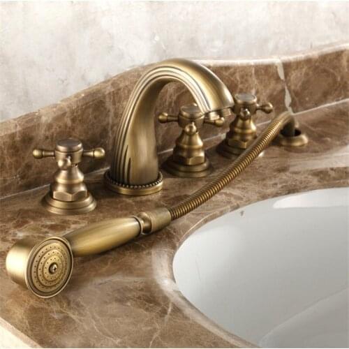 Brass Classtic Bathtub Mixer Faucet Set with Handheld Shower Deck Mounted 5 Holes Hot and Cold Taps
