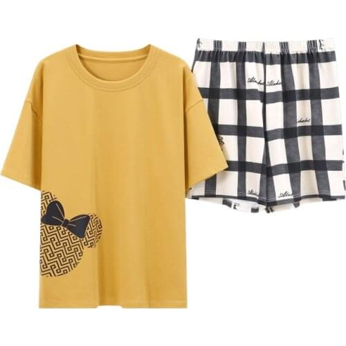 Summer New Fashional Ladies Sleepwear Cotton Pajams Women Yellow Nightgown Pijama Suit Female Clothes Sets With Short Pants