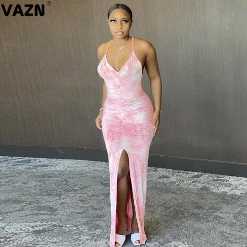 VAZN 2020 Summer Top Quality Sweet Beach Backless Open Hollow Out Young Sexy Style Halter High Waist Women Thin Maxi Dress