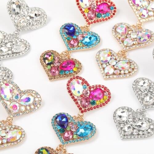 Fashion Multi-layer Heart-shaped Metal Rhinestone Glass Earrings Girl Popular Exaggerated Big Earrings Party Jewelry Accessories