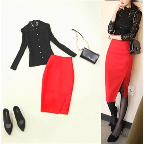 Fashion suit female Work clothes summer New high-quality Black lace stand collar elegant shirt + red bag hip skirt Two-piece set