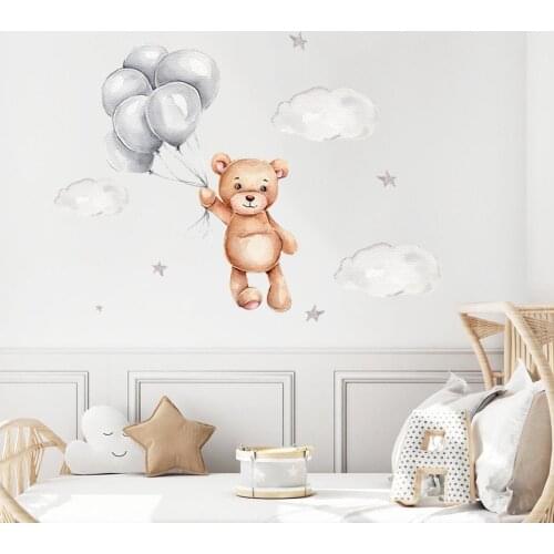 Watercolor Teddy Bear Balloons Clouds Nursery Wall Decals Art Removable Stickers Picture Posters Baby Boys Room Home Decoration