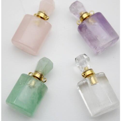 Natural stone Square perfume bottle necklace Essential Oil Diffuser Pendant amethysts Quartz fluorite jewelry charm