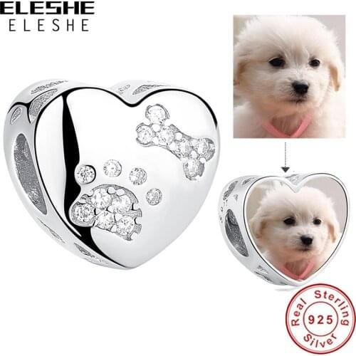 Fit Original Charm Bracelet Beads Cubic Zirconia 925 Sterling Silver Pet Paw Print Heart Charm Custom Photo DIY Jewelry Making