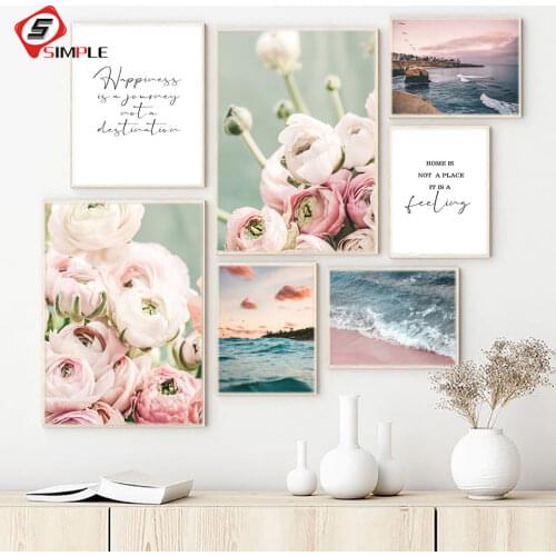Scandinavian Style Poster Sea Beach Decorative Picture Pink Flower Roses Wall Art for Living Room Nordic Decoration Home Decor