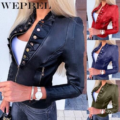 Casual Motorcycle Faux Leather Jacket Womens Button Pockets Zippers Slim PU Short Jacket