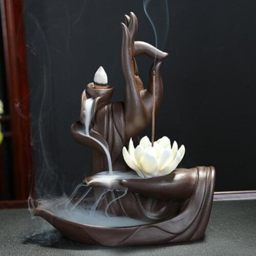 Zen Buddha Hand Incense Burners Backflow Incense Burner Holder Lotus Home Decor Joss Stick Aroma Tower Censer With20PCS Cones