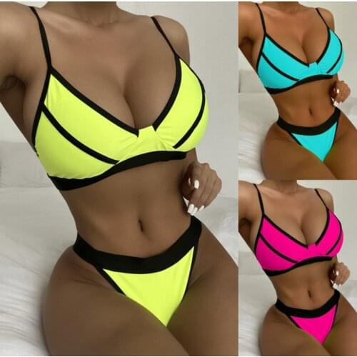 Sexy Neon Green High Cut Bikini Female Swimsuit Two-pieces Set Splicing Bikini 2021 New Style
