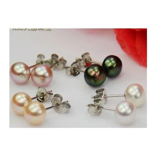 4 pairs/lot 7-8mm Size Natural REAL Pearl Earrings Cultured Wedding Bridal Stud Earrings Freshwater Fashion Jewelry