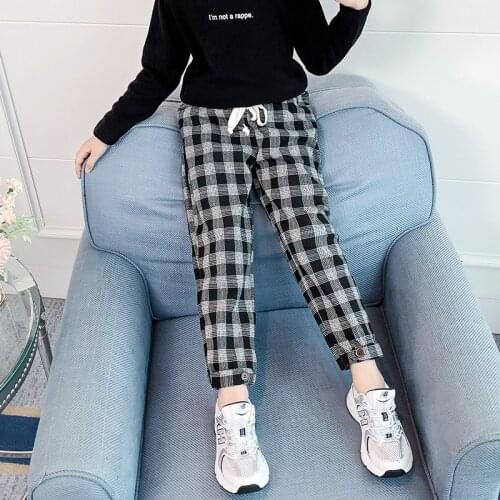 Teen Girl Pants Autumn Winter Plaid Pattern Pants Baby Girl Drawstring Harem Pants School Children Trousers 5 7 9 11 13 14 Years
