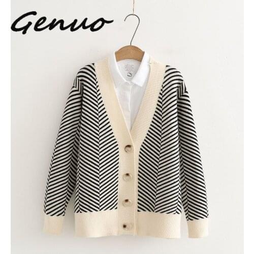 2019 autumn womens new sweater Korean version of the loose striped sweater cardigan long-sleeved V-neck versatile jacket