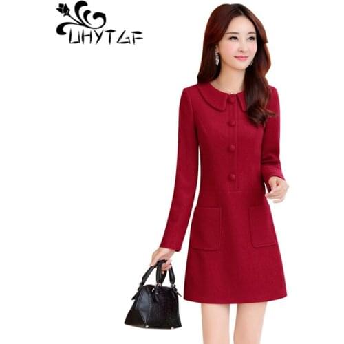 UHYTGF Woolen dress women single-breasted pullover autumn winter dress Slim high waist temperament short woolen dress Female 713