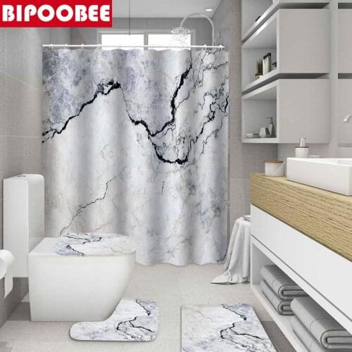 Waterproof Shower Curtains Fabric Polyester Marble Stripes Printing Bathroom Curtain Anti-slip Carpet Toilet Cover Bath Mat Rugs