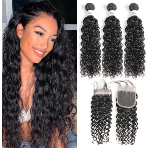 Water Wave Human Hair Bundles With Closure Brazilian Non Remy Human Hair Weave Curly Hair 3 Bundles With Lace Closure 4x4