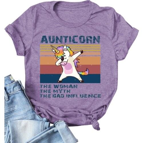 Rainbow Unicorn Print Women T-Shirt Aunticorn Cartoon Pattern O-Neck Short-Sleeved T-Shirt Plus Size Vintage Kawaii Tops Tees