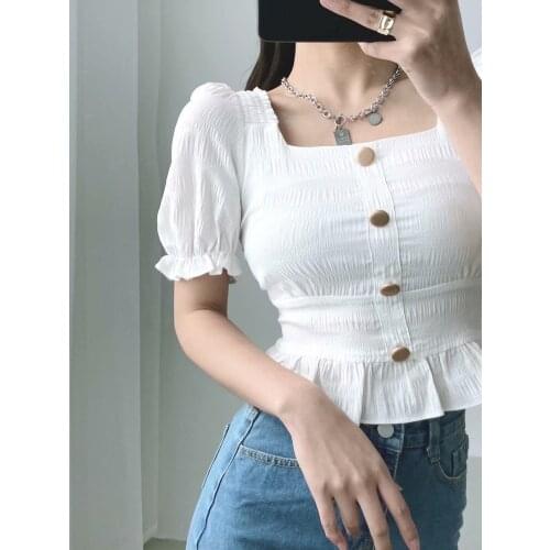 2021 Spring European and American Street Trendsetter Pullover Short Sleeve Square Collar Slim Fit Womens Shirt DLSY1662