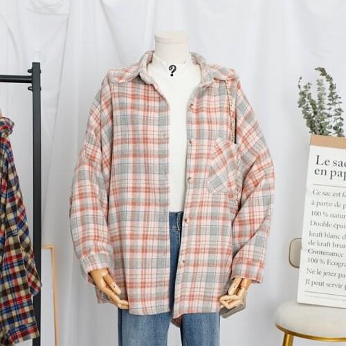 Womens Brushed Wool Plaid Shirt Autumn Batwing Long Sleeve Lapel Button Pocket Ladies Shirts 2021 Vintage Casual Female Tops