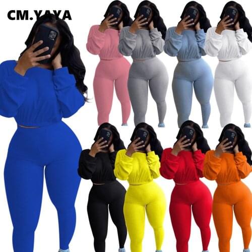 CM.YAYA Knitted Ribbed Womens Set Long Sleeve Sweater Top Pencil Pants Suit Active Wear Tracksuit Two Piece Set Fitness Outfits